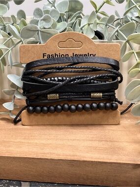 Black Multi-Strand Leather & Bead 3 pc Bracelet Set